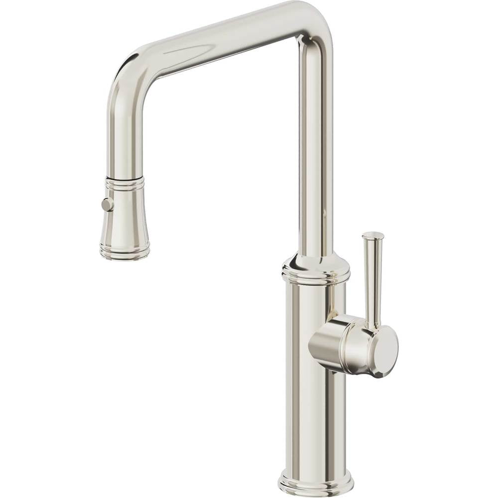 California Faucets - Pull-Down Kitchen Faucet with Button Sprayer - Quad Spout - Polished Nickel Pvd
