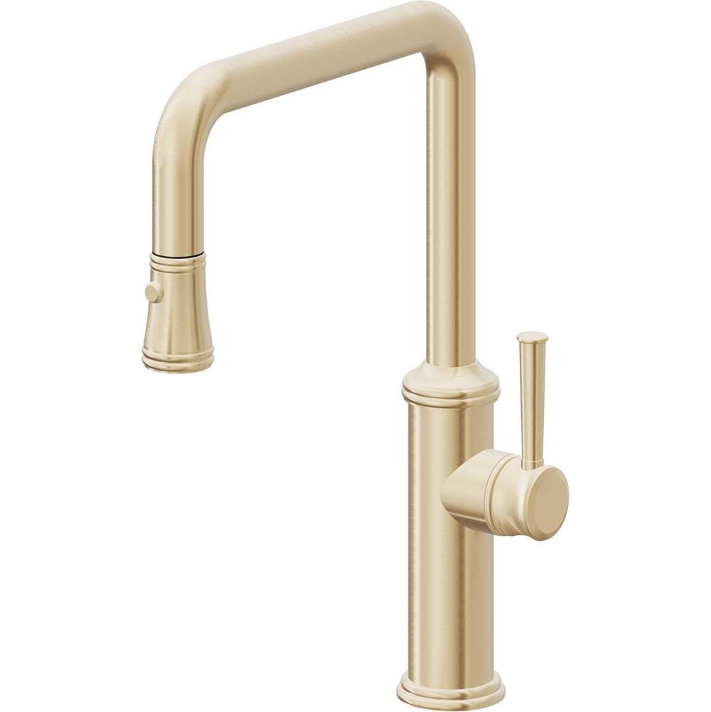 California Faucets - Pull-Down Kitchen Faucet with Button Sprayer - Quad Spout - Satin Brass Pvd
