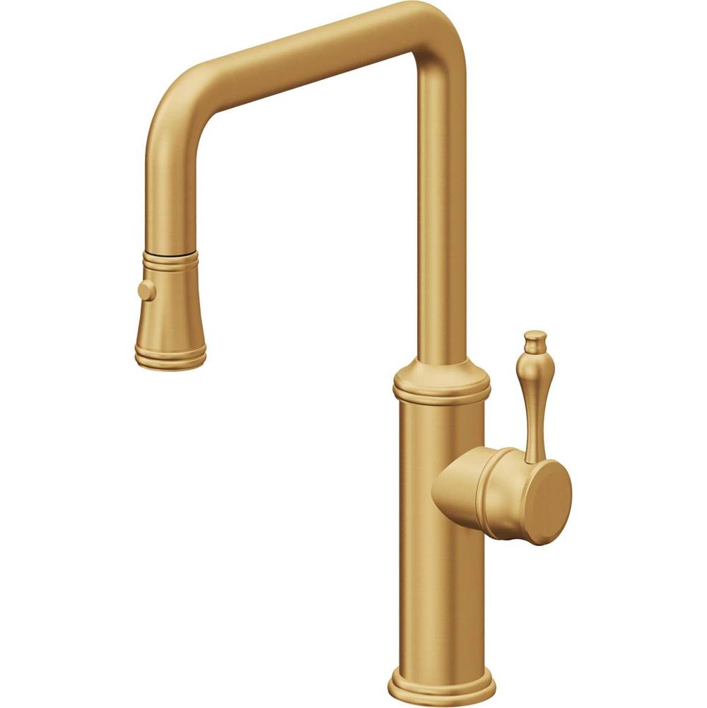 California Faucets - Pull-Down Kitchen Faucet with Button Sprayer - Quad Spout - Lifetime Satin Gold Pvd