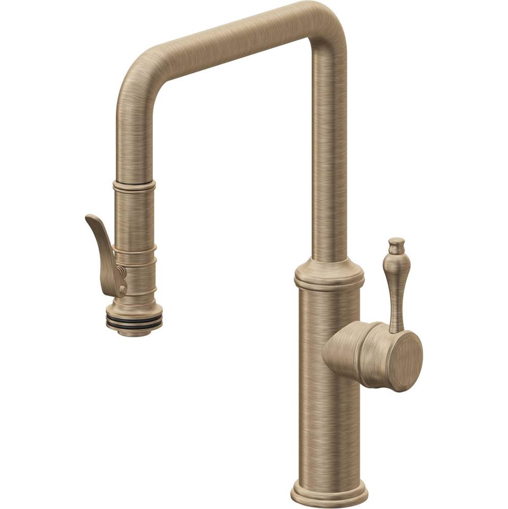 California Faucets - Pull-Down Kitchen Faucet with Squeeze Sprayer - Quad Spout - Antique Brass Flat