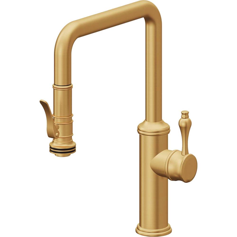 California Faucets - Pull-Down Kitchen Faucet with Squeeze Sprayer - Quad Spout - Lifetime Satin Gold Pvd