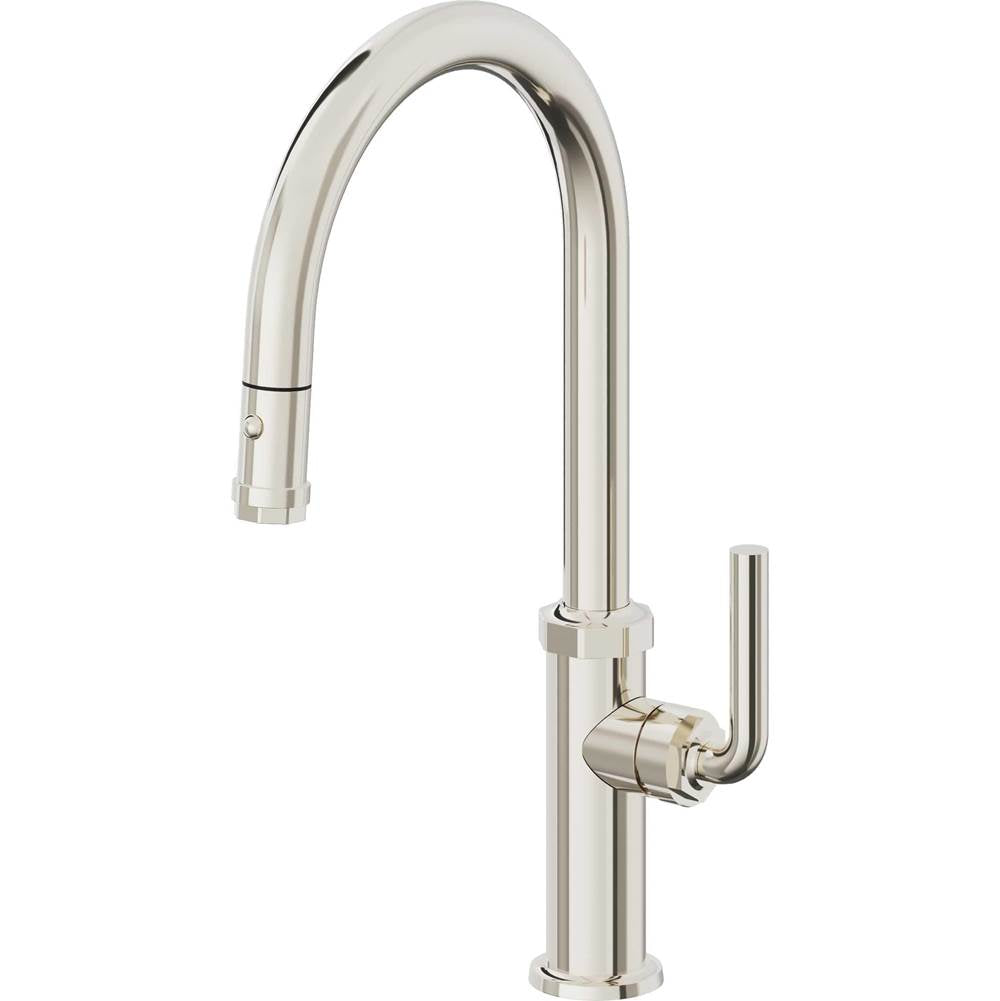California Faucets - Pull-Down Kitchen Faucet with Button Sprayer - High Arc Spout - Polished Nickel Pvd