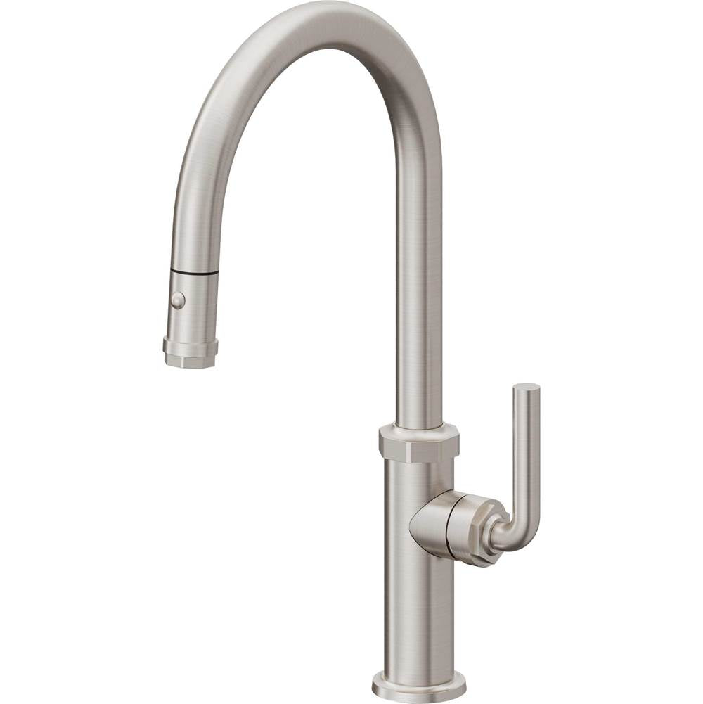 California Faucets - Pull-Down Kitchen Faucet with Button Sprayer - High Arc Spout - Ultra Stainless Steel Pvd