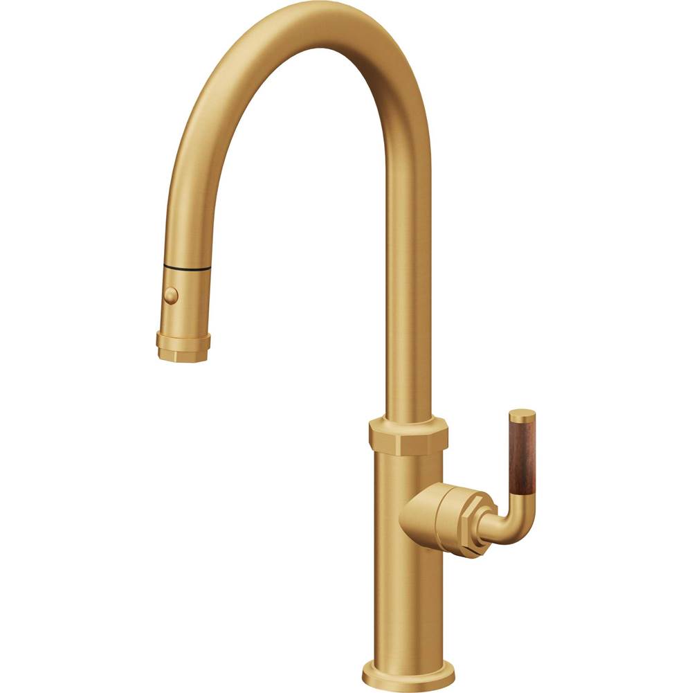 California Faucets - Pull-Down Kitchen Faucet with Button Sprayer - High Arc Spout - Lifetime Satin Gold Pvd