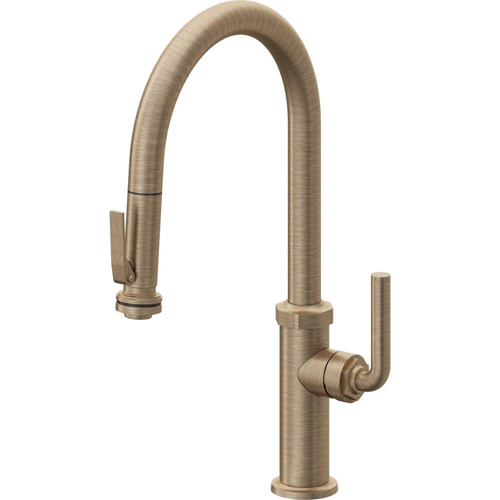 California Faucets - Pull-Down Kitchen Faucet with Squeeze Sprayer - High Arc Spout - Antique Brass Flat