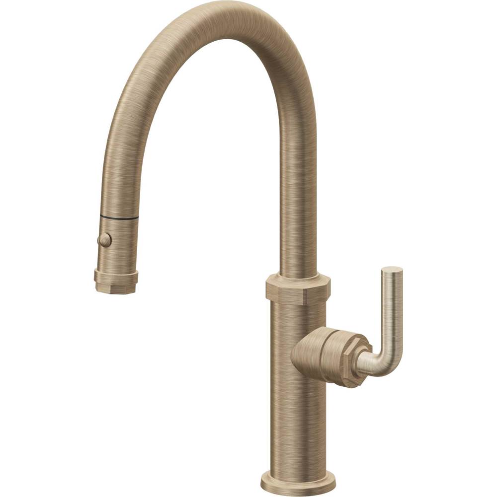 California Faucets - Pull-Down Kitchen Faucet with Button Sprayer - Low Arc Spout - Antique Brass Flat