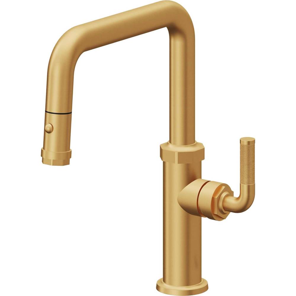 California Faucets - Pull-Down Kitchen Faucet with Button Sprayer - Quad Spout - Lifetime Satin Gold Pvd