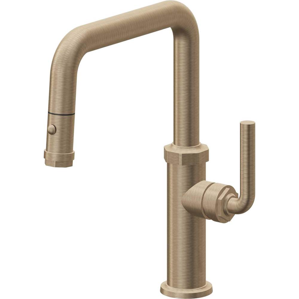 California Faucets - Pull-Down Kitchen Faucet with Button Sprayer - Quad Spout - Antique Brass Flat