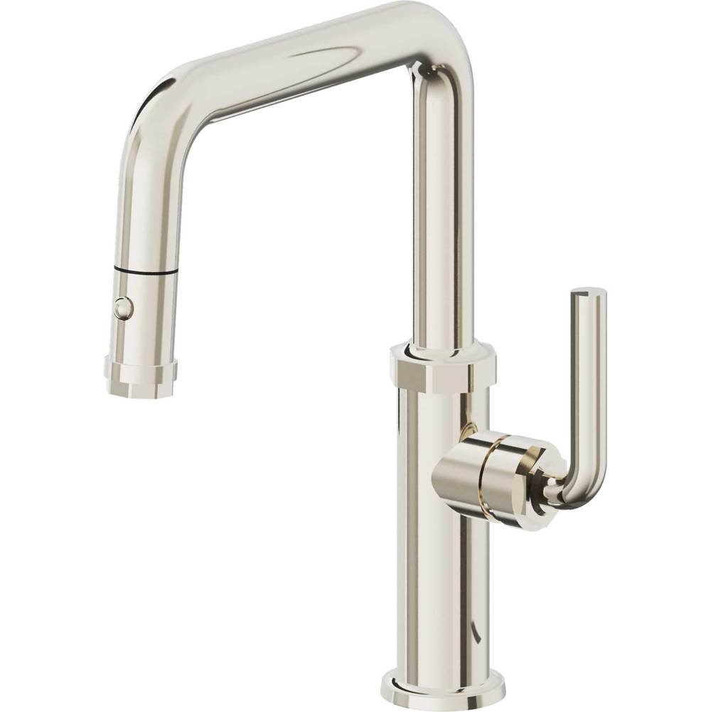 California Faucets - Pull-Down Kitchen Faucet with Button Sprayer - Quad Spout - Polished Nickel Pvd