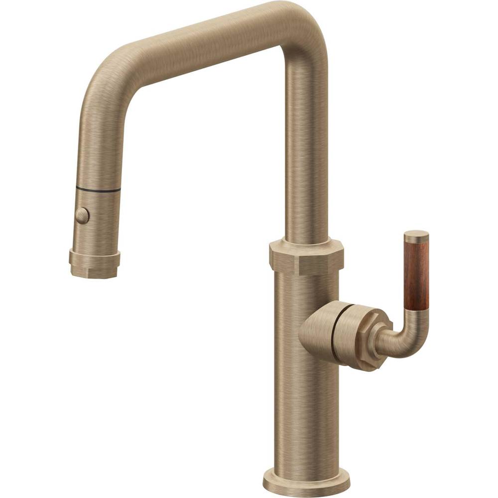 California Faucets - Pull-Down Kitchen Faucet with Button Sprayer - Quad Spout - Antique Brass Flat