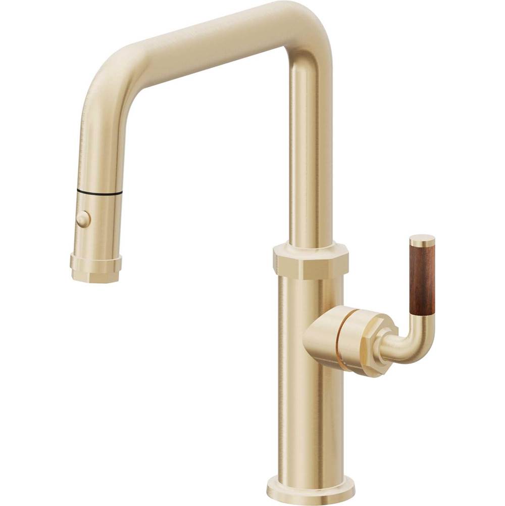 California Faucets - Pull-Down Kitchen Faucet with Button Sprayer - Quad Spout - Satin Brass Pvd