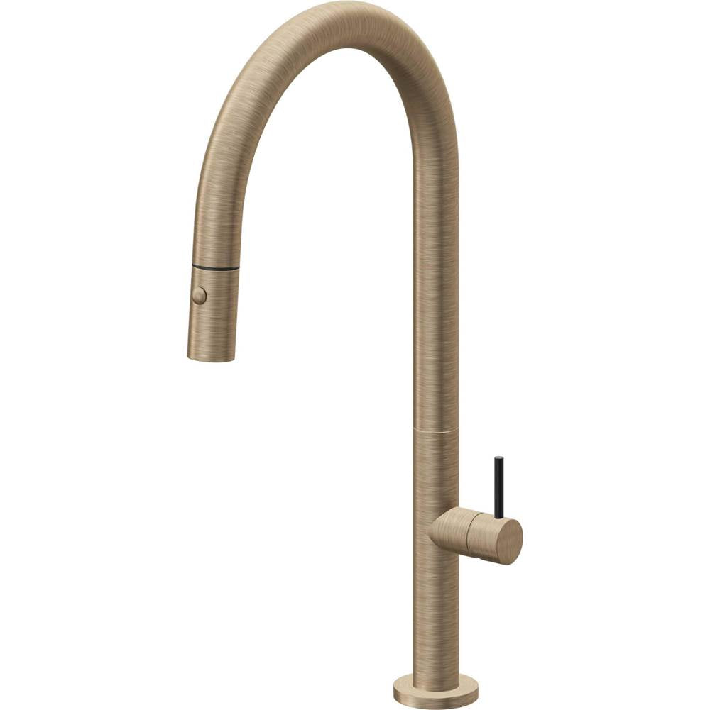 California Faucets - Pull-Down Kitchen Faucet with Button Sprayer - High Arc Spout - Antique Brass Flat