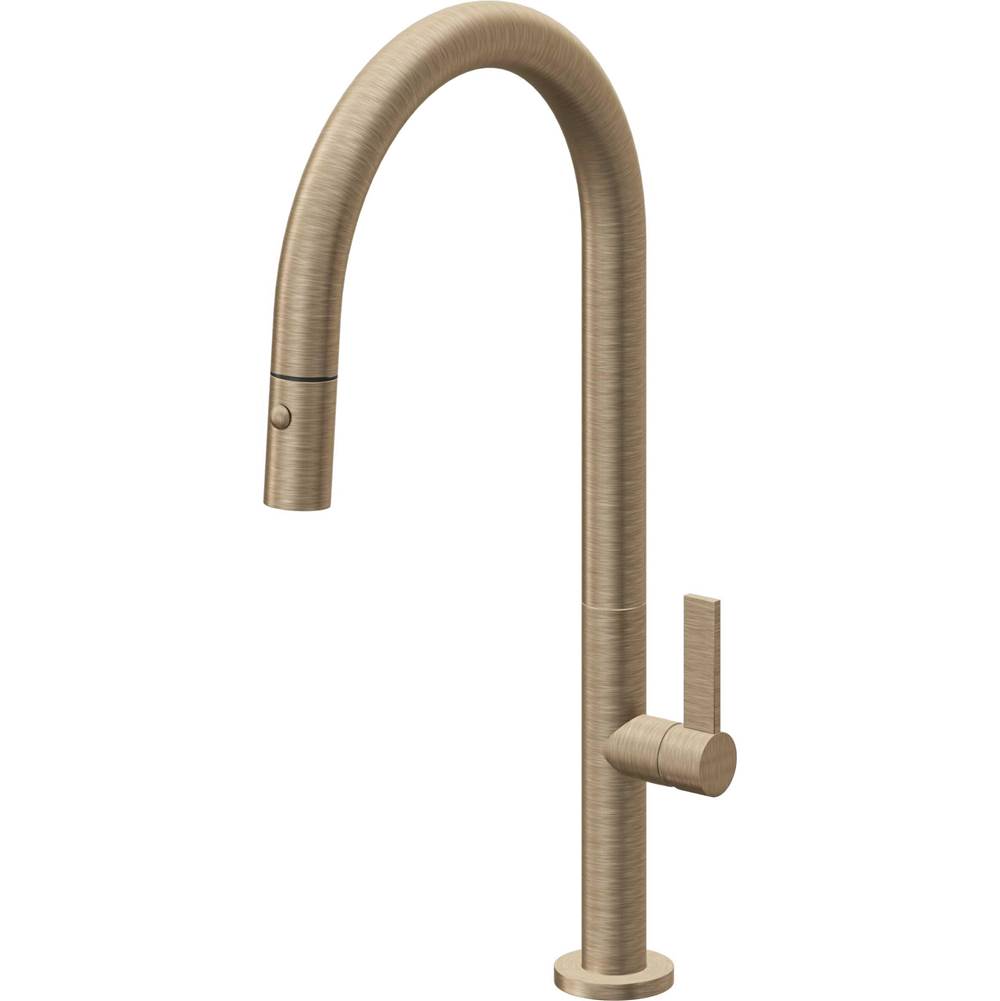 California Faucets - Pull-Down Kitchen Faucet with Button Sprayer - High Arc Spout - Antique Brass Flat