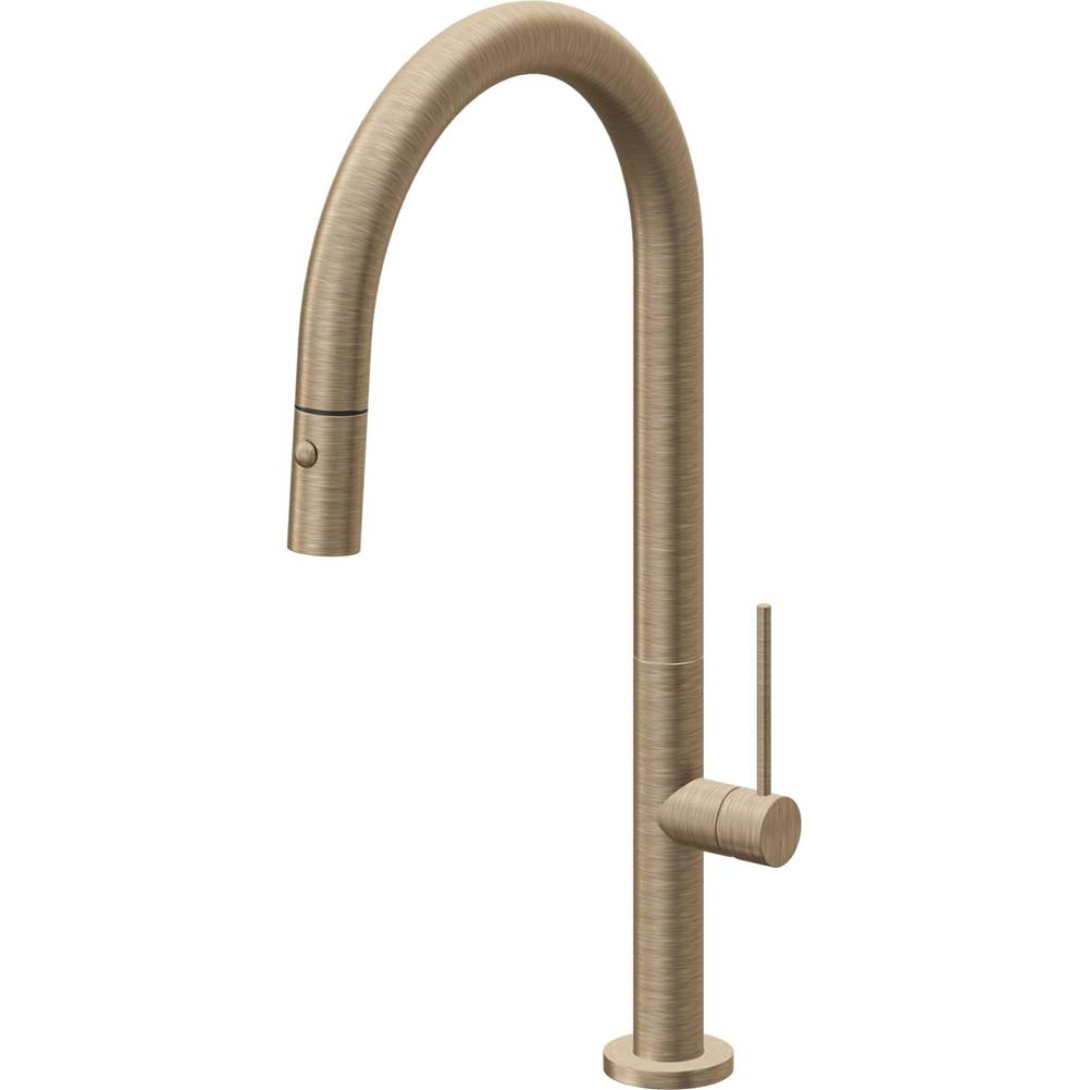 California Faucets - Pull-Down Kitchen Faucet with Button Sprayer - High Arc Spout - Antique Brass Flat