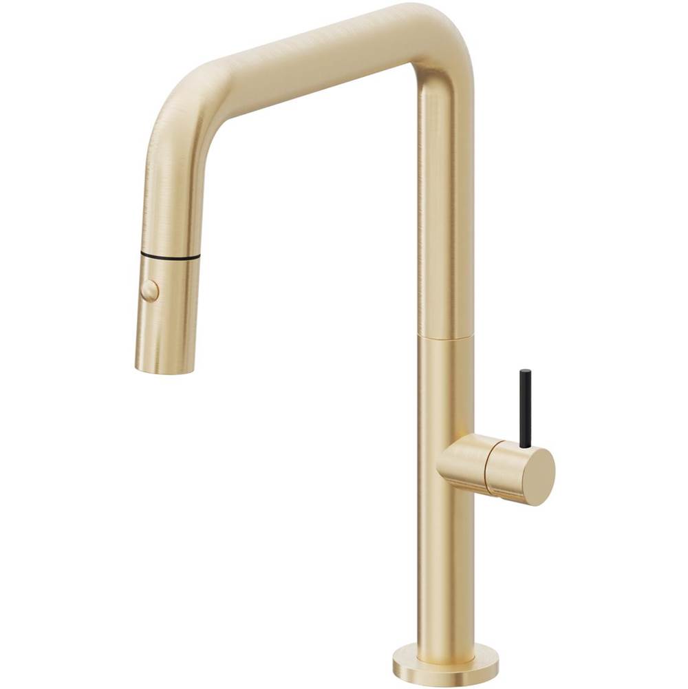California Faucets - Pull-Down Kitchen Faucet with Button Sprayer - Quad Spout - Satin Brass Pvd