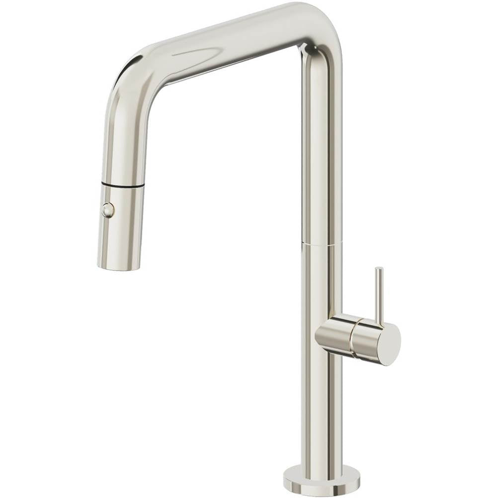 California Faucets - Pull-Down Kitchen Faucet with Button Sprayer - Quad Spout - Polished Nickel Pvd