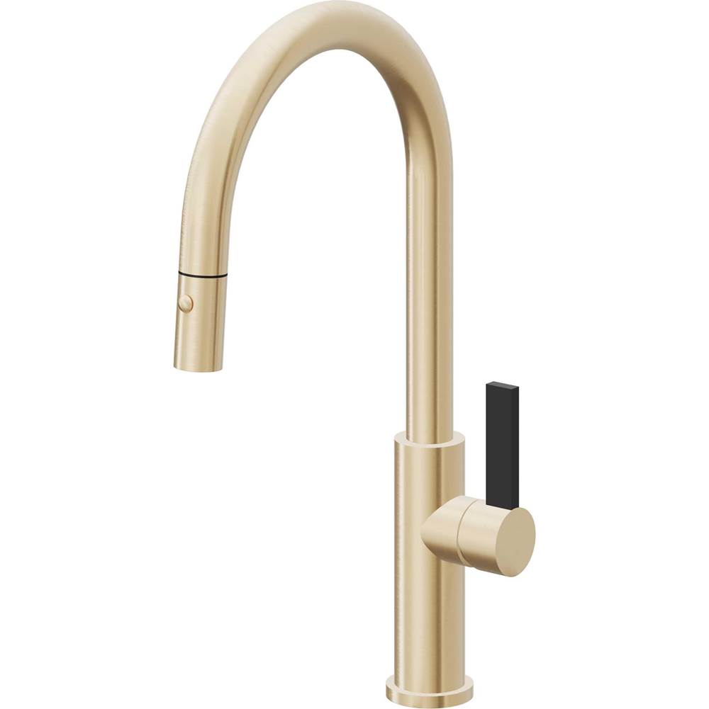 California Faucets - Pull-Down Kitchen Faucet with Button Sprayer - High Arc Spout - Satin Brass Pvd