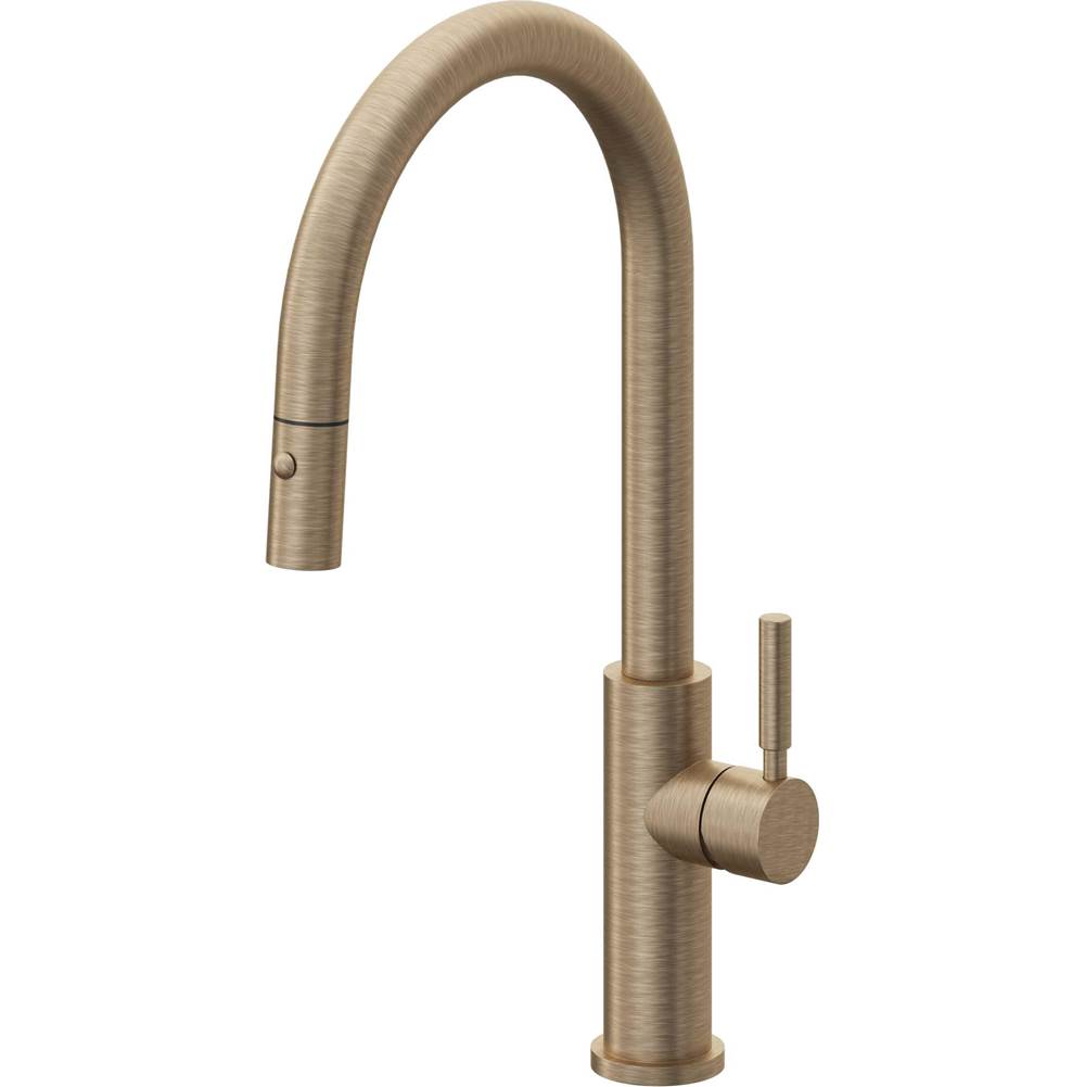 California Faucets - Pull-Down Kitchen Faucet with Button Sprayer - High Arc Spout - Antique Brass Flat