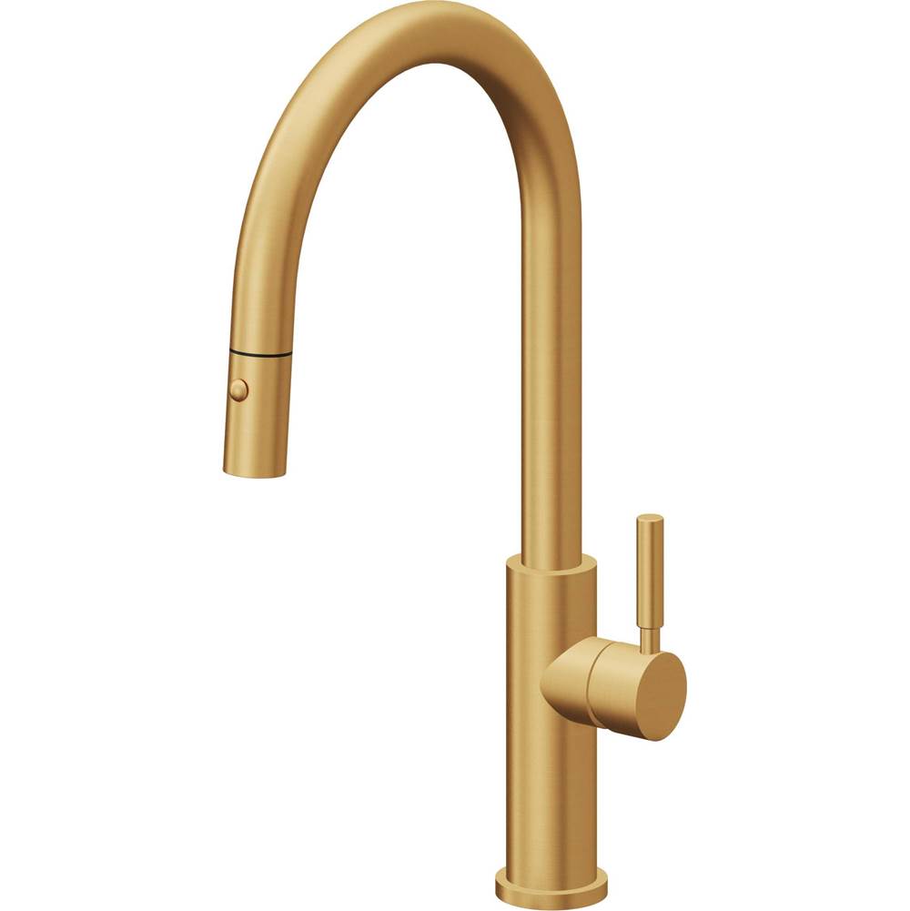 California Faucets - Pull-Down Kitchen Faucet with Button Sprayer - High Arc Spout - Lifetime Satin Gold Pvd