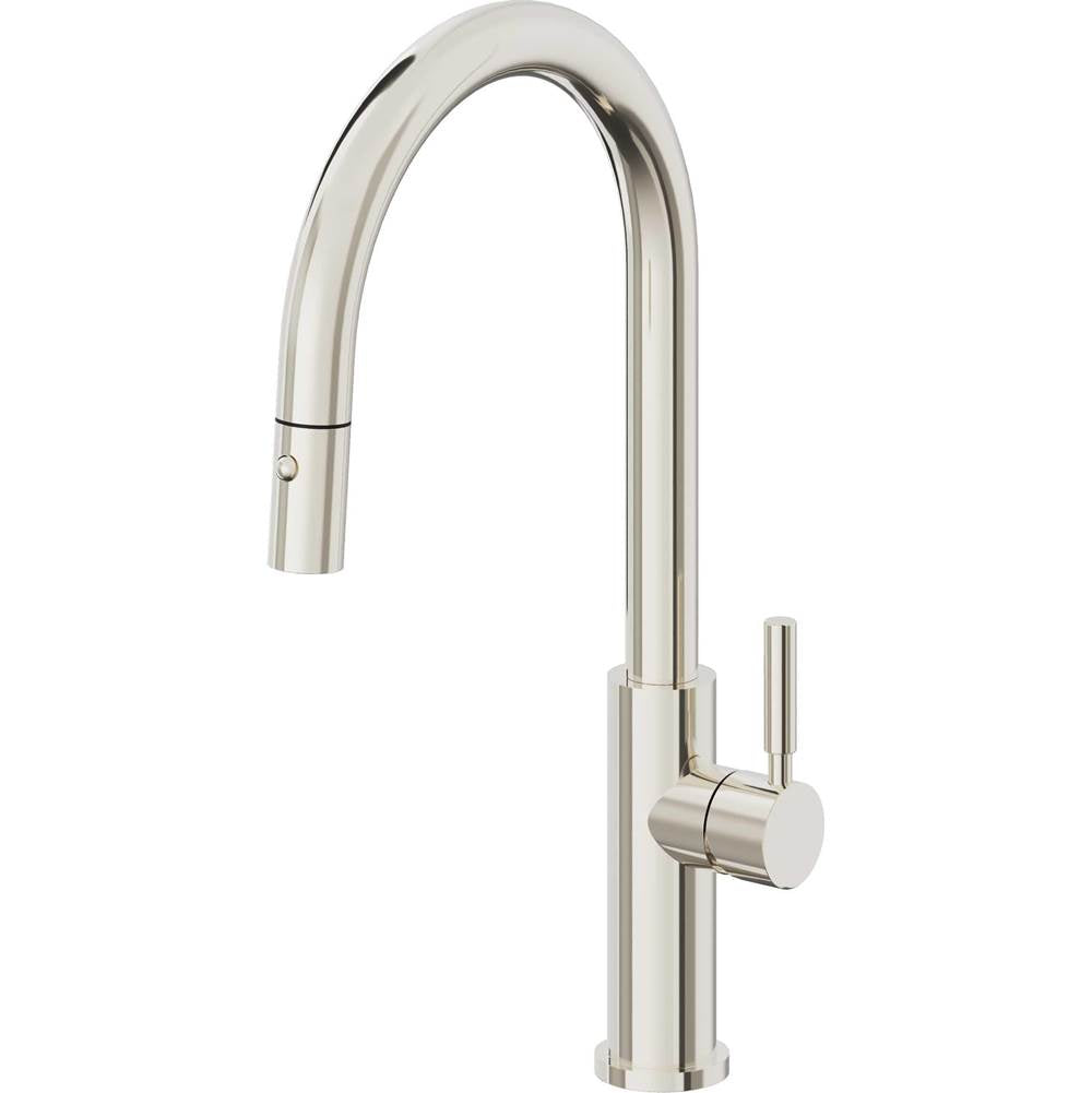 California Faucets - Pull-Down Kitchen Faucet with Button Sprayer - High Arc Spout - Polished Nickel Pvd