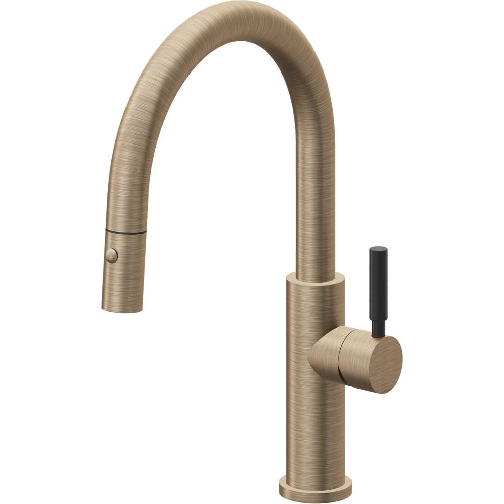 California Faucets - Pull-Down Kitchen Faucet with Button Sprayer - Low Arc Spout - Antique Brass Flat