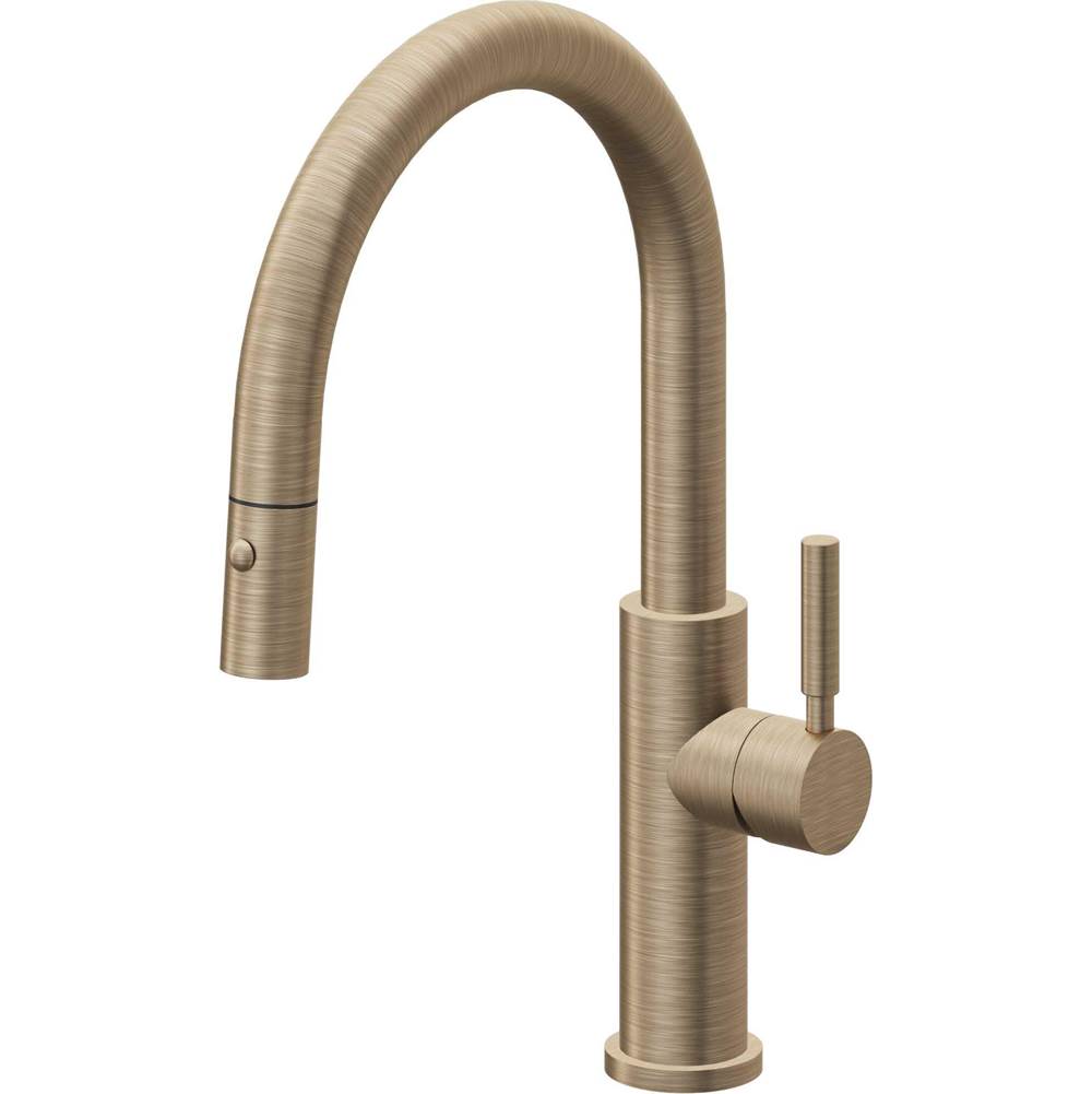 California Faucets - Pull-Down Kitchen Faucet with Button Sprayer - Low Arc Spout - Antique Brass Flat