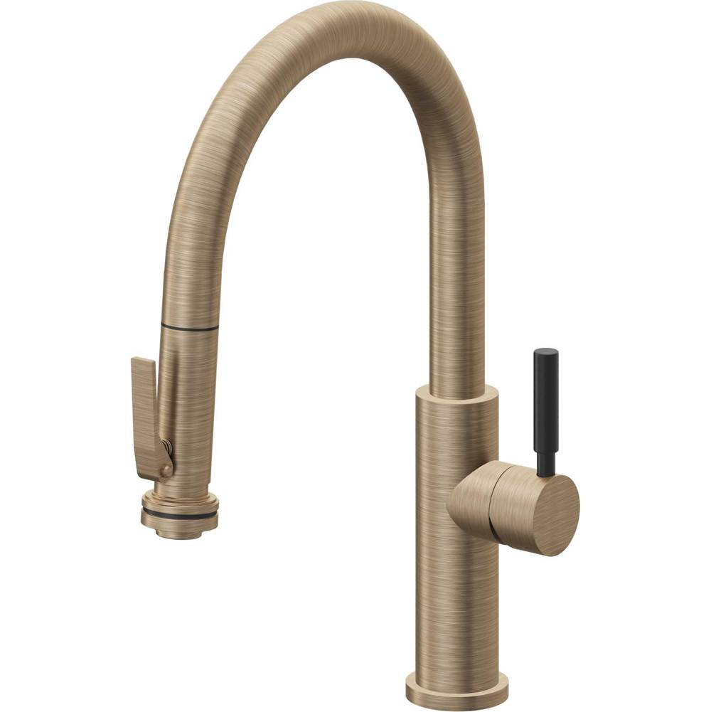 California Faucets - Pull-Down Kitchen Faucet with Squeeze Sprayer - Low Arc Spout - Antique Brass Flat