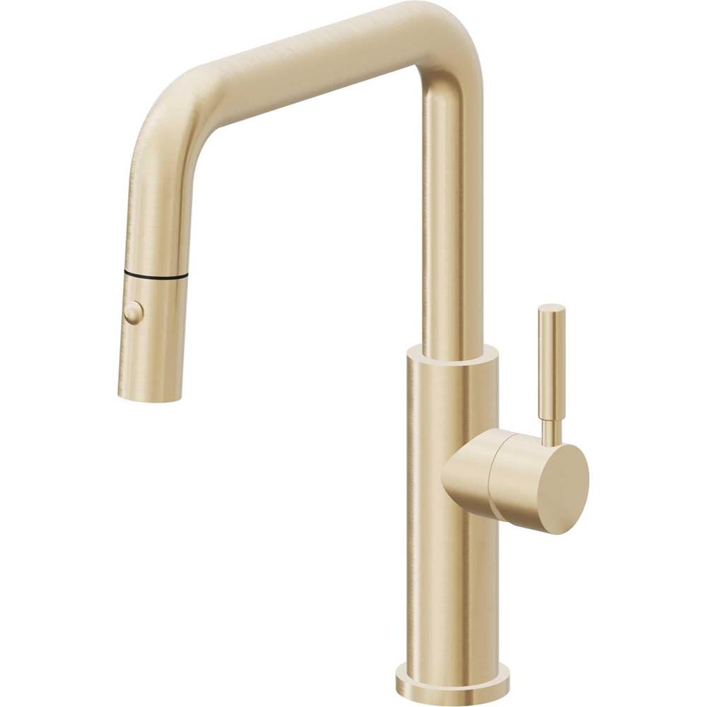 California Faucets - Pull-Down Kitchen Faucet with Button Sprayer - Quad Spout - Satin Brass Pvd