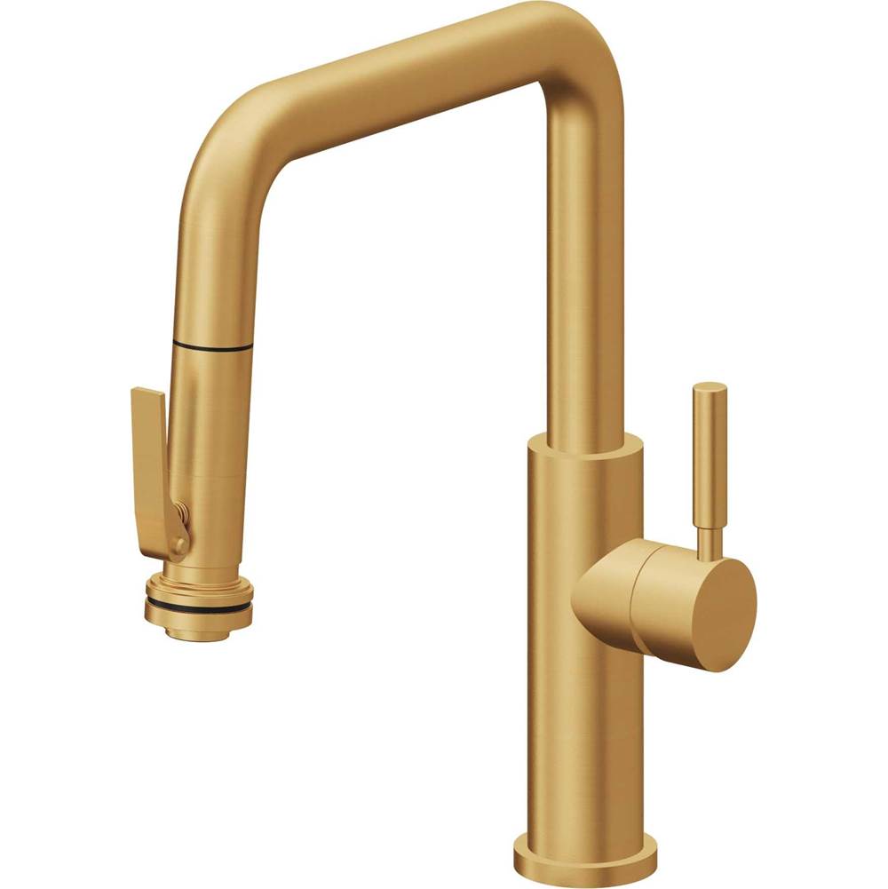 California Faucets - Pull-Down Kitchen Faucet with Squeeze Sprayer - Quad Spout - Lifetime Satin Gold Pvd