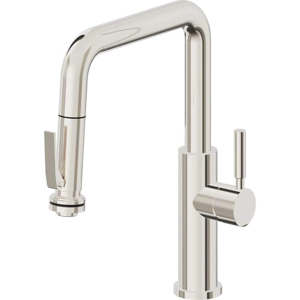 California Faucets - Pull-Down Kitchen Faucet with Squeeze Sprayer - Quad Spout - Polished Nickel Pvd