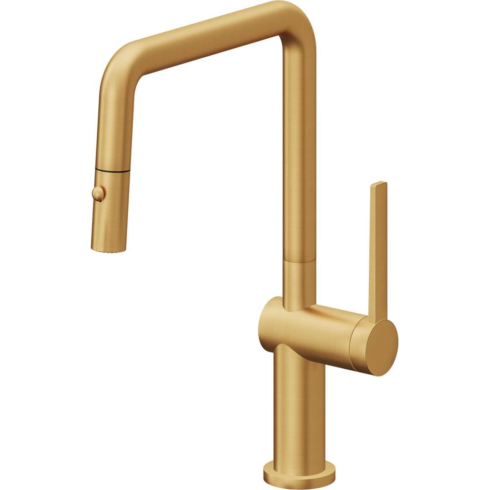 California Faucets - Pull-Down Kitchen Faucet with Button Sprayer - Quad Spout - Lifetime Satin Gold Pvd