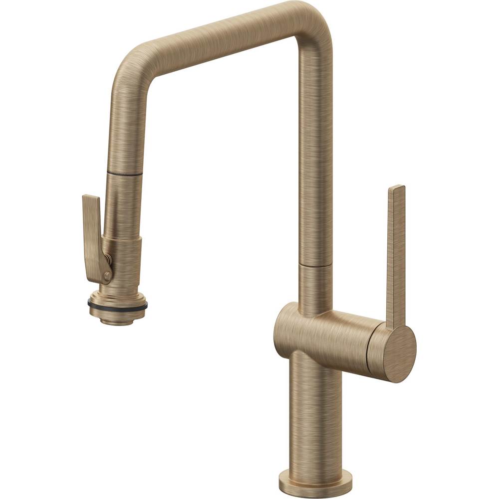 California Faucets - Pull-Down Kitchen Faucet with Squeeze Sprayer - Quad Spout - Antique Brass Flat