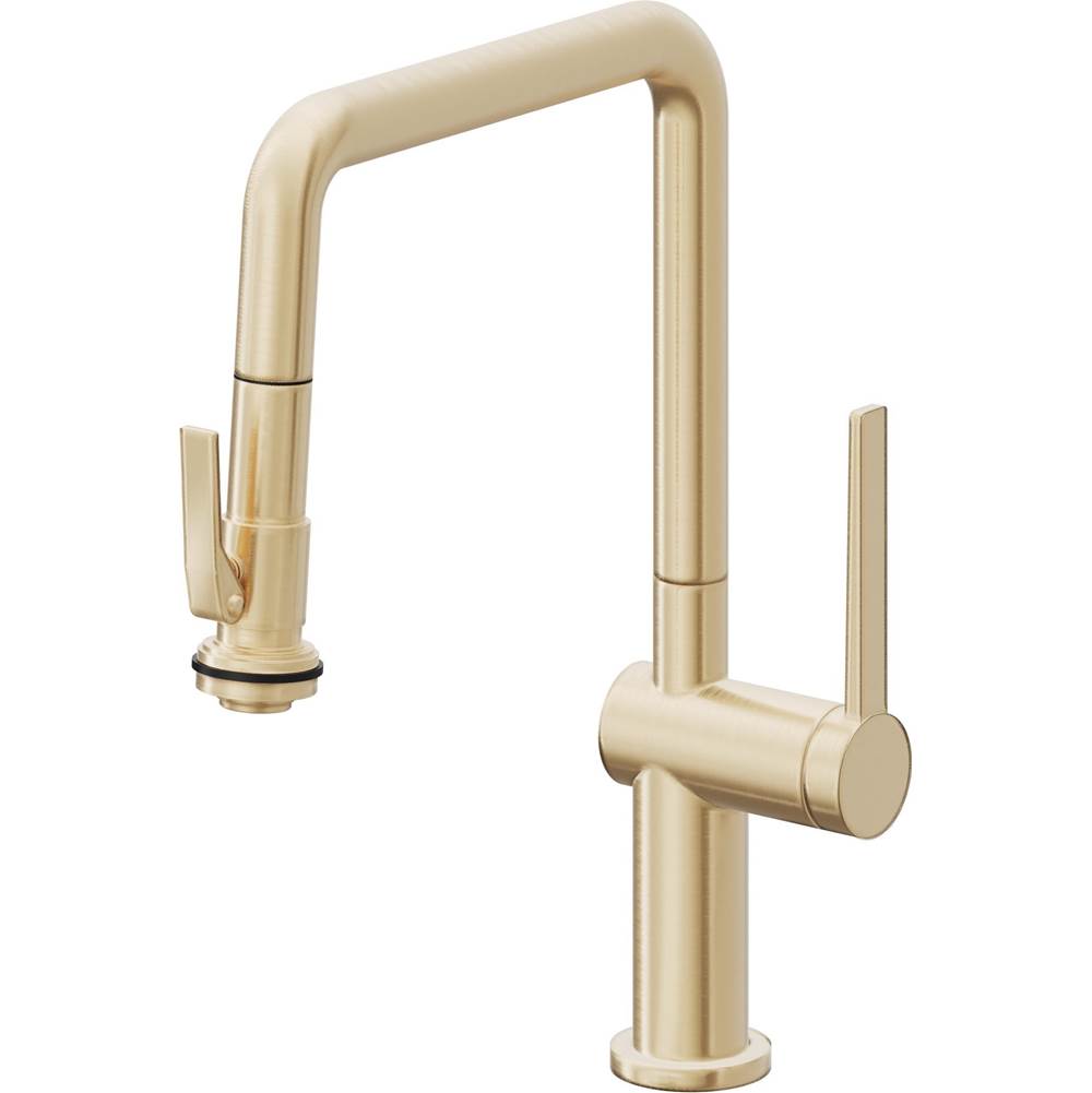 California Faucets - Pull-Down Kitchen Faucet with Squeeze Sprayer - Quad Spout - Satin Brass Pvd