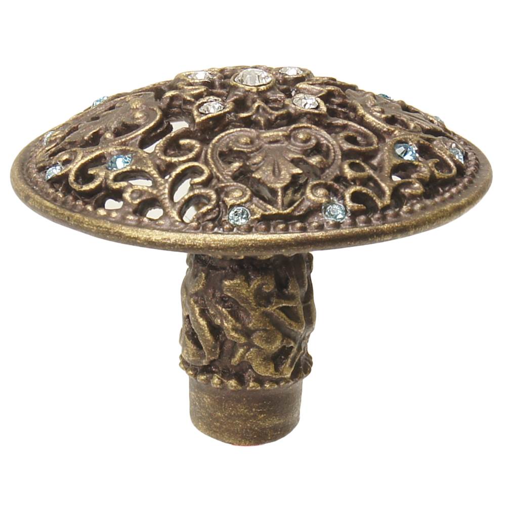 Carpe Diem Hardware - Juliane Grace Large Knob With 17 Swarovski Clear and Aquamarine Crystals In Antique Brass. - Antique Brass