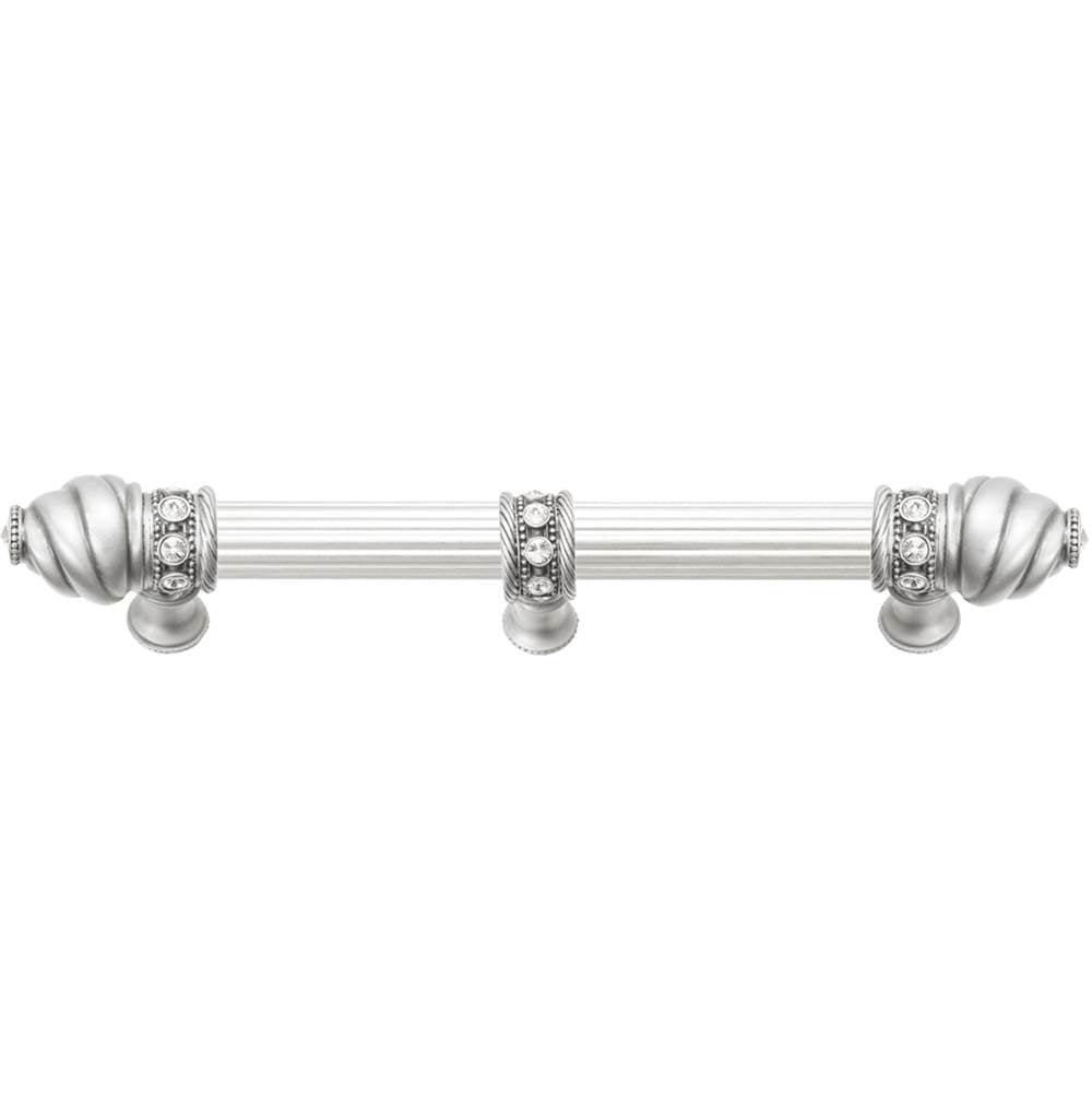 Carpe Diem Hardware - Cache 6'' O.C. (Approximately) With 5/8'' Reeded Center Long Pull and Center Brace With 16 Rivoli Swarovski Clear Crystals In Satin - Satin