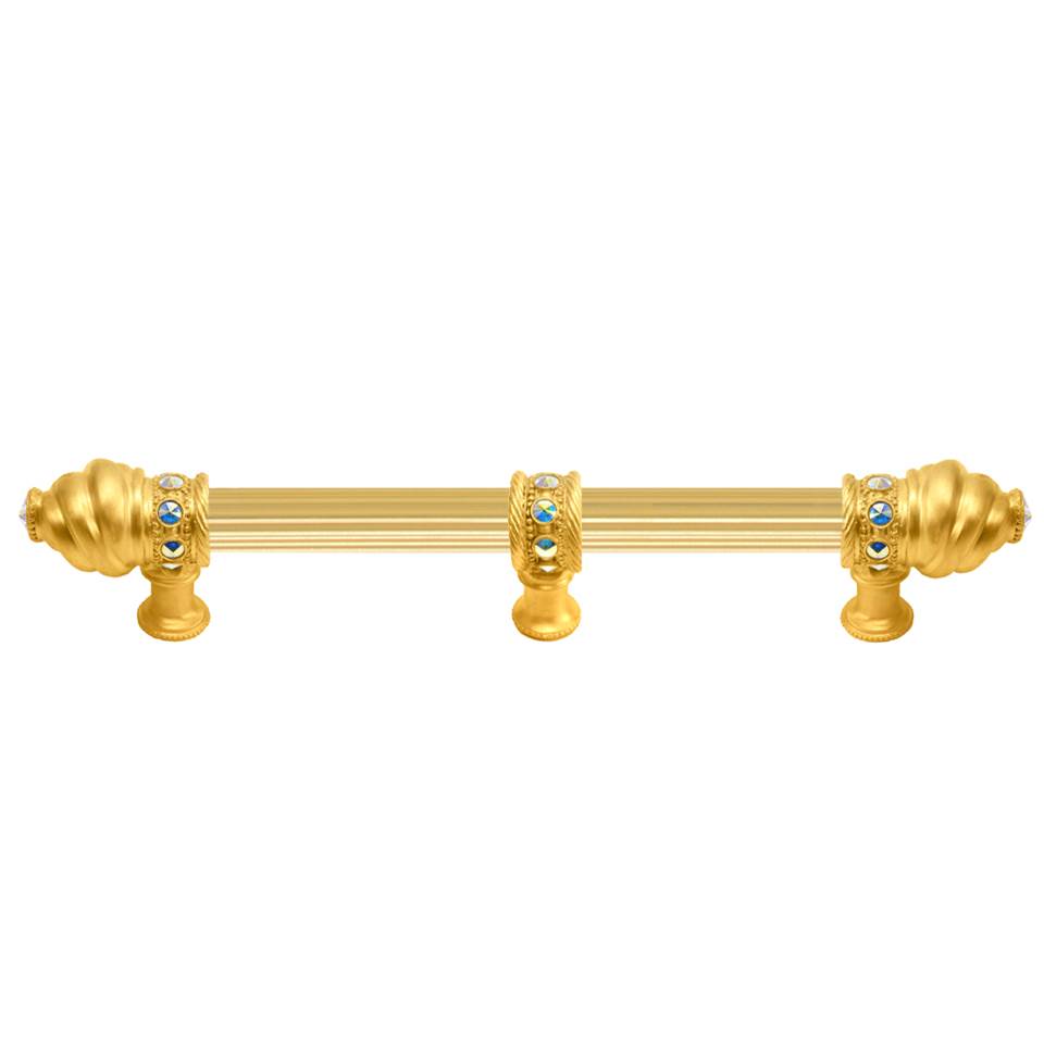 Carpe Diem Hardware - Cache 6'' O.C. (Approximately) With 5/8'' Reeded Center Long Pull With 23 Rivoli Swarovski Aurore Boreale Crystals With Center Brace - Gilded Mercury