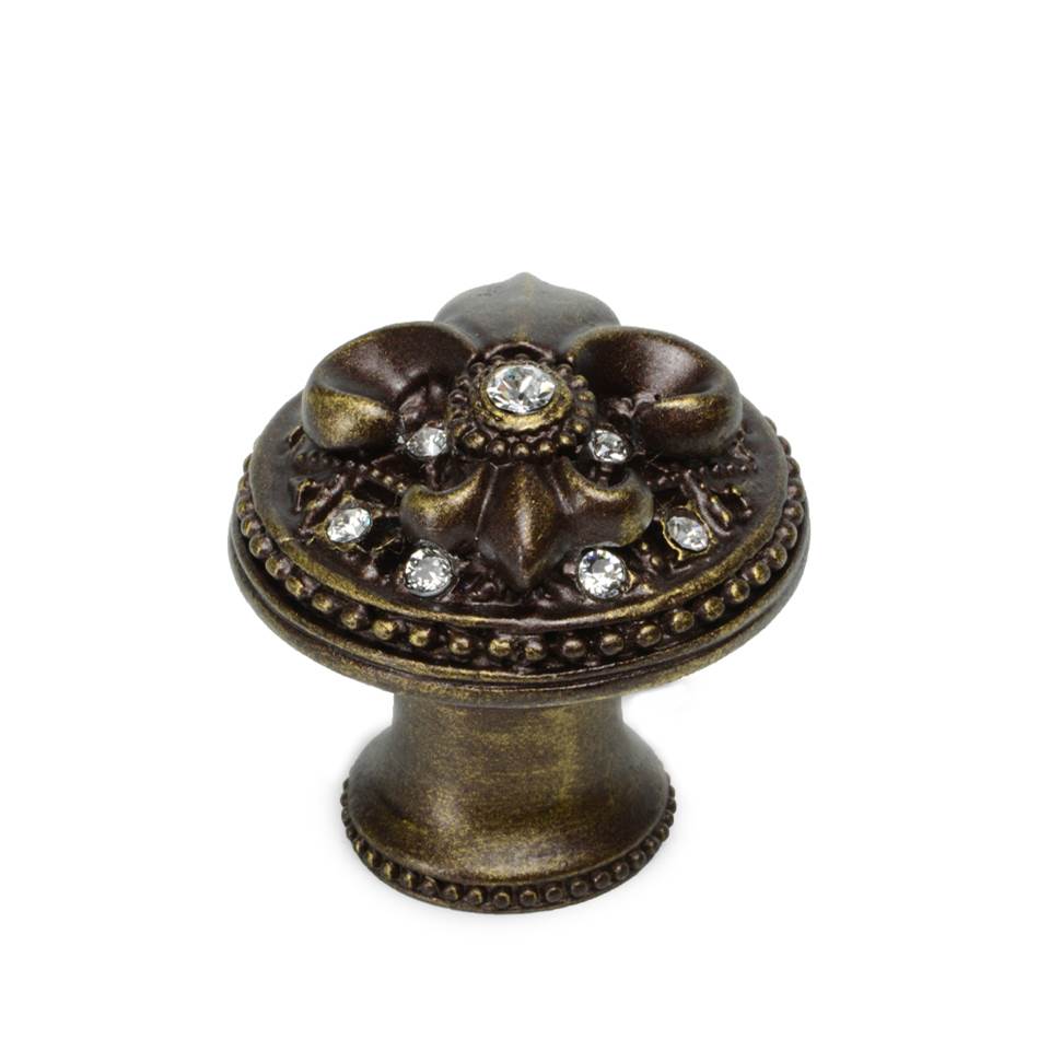 Carpe Diem Hardware - Carpe Diem Hardware 7605B-3C Versailles Antique Brass Large Round Knob Fleur De Lys W/ Swarovski Crystals And Flared Foot - Antique Brass