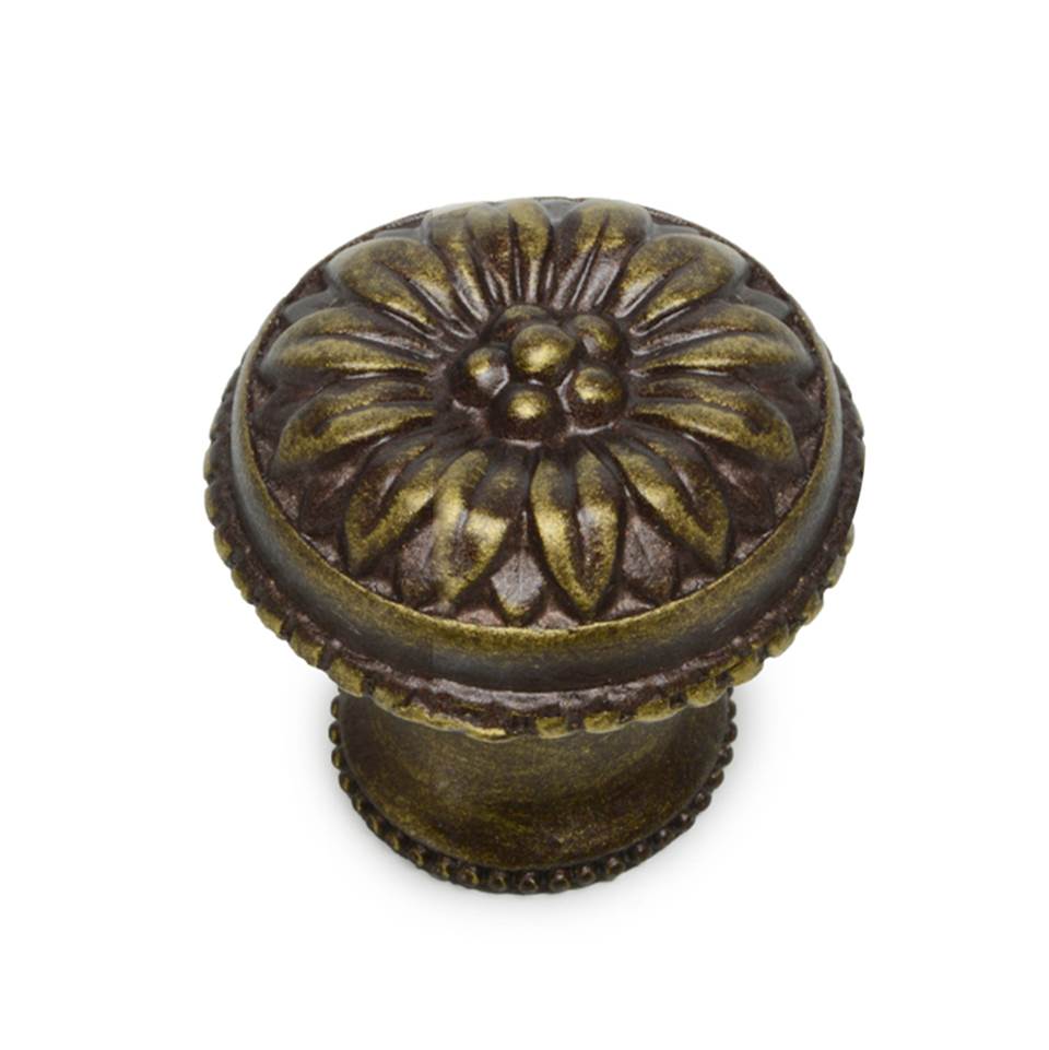 Carpe Diem Hardware - Acanthus Large Knob With Flared Foot Rosette Style In Satin. - Antique Brass