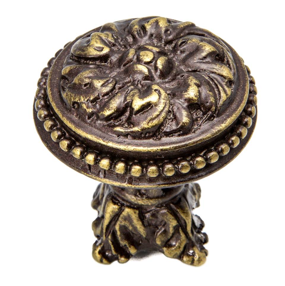 Carpe Diem Hardware - Acanthus and Beaded Large Knob With Column Base Rosette Style In Antique Brass. - Antique Brass