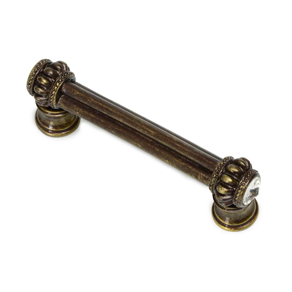 Carpe Diem Hardware - Cache Double 3'' O.C. Pull With Flared Foot With 2 Rivoli Swarovski Clear Crystals In Antique Brass. - Antique Brass