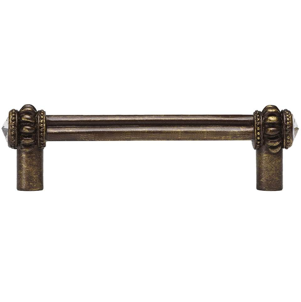 Carpe Diem Hardware - Cache Double 4'' O.C. Pull With 2 Rivoli Swarovski Clear Crystals - Antique Brass