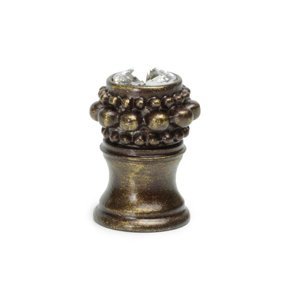 Carpe Diem Hardware - Cache Small Round Knob With Flared Foot With A Rivoli Swarovski Clear Crystal In Antique Brass. - Antique Brass