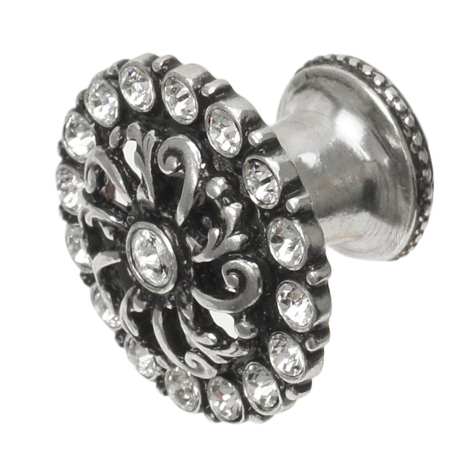 Cache Medium Round Knob With Flared Foot With Swarovski Clear Crystals In Satin.