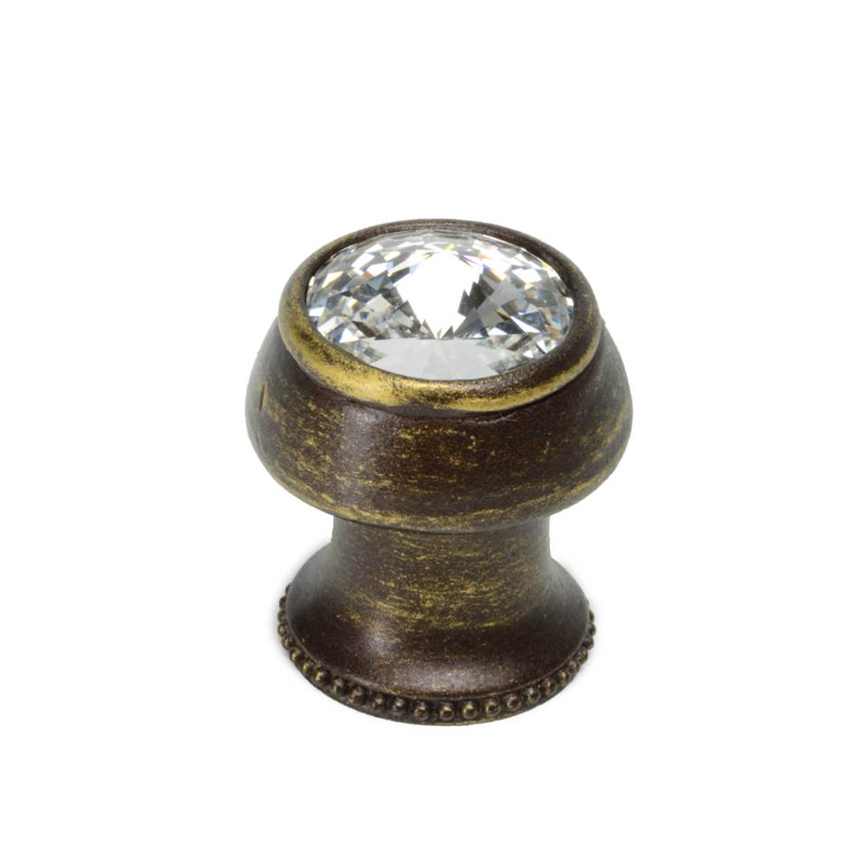Carpe Diem Hardware - Cache Round Knob With Flared Foot With An Rivoli Swarovski Clear Crystals In Antique Brass. - Antique Brass