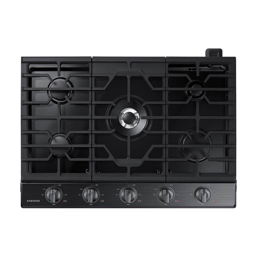 Samsung - Five Burners, 1-19000 Power Burner, 1-13000 Power Burner, 2-9.50, 1-5000 Simmer, Illuminated Knobs, Aluminum Griddle, Wi-Fi, 30'' - Black Stainless Steel