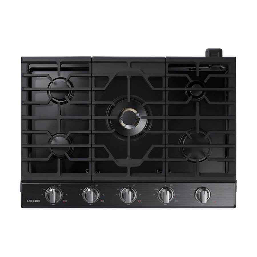 Samsung - Five Burners, 1-22000 Dual Ring Brass, 1-13000 Power Burner, 2-9.5, 1-5000 Simmer, Illuminated Knobs, Die Cast Griddle, Wok Ring, Wi-Fi, 30'' - Black Stainless Steel