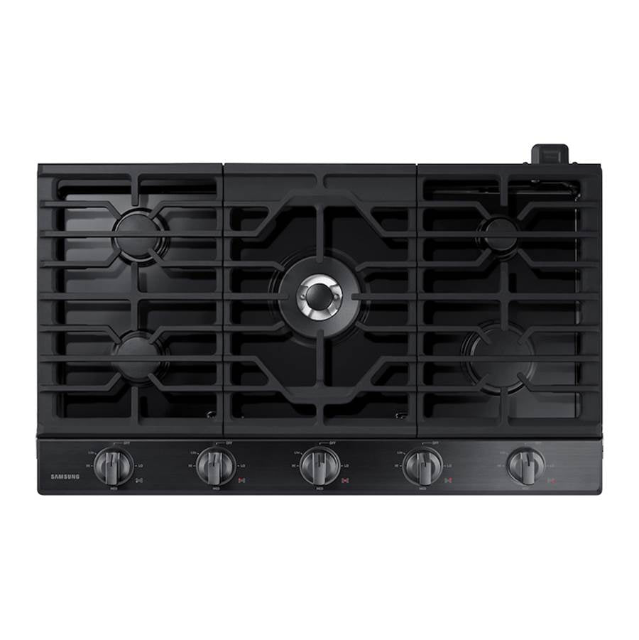 Samsung - Five Burners, 1-19000 Power Burner, 1-13000 Power Burner, 2-9.50, 1-5000 Simmer, Illuminated Knobs, Aluminum Griddle, Wi-Fi, 36'' - Black Stainless Steel