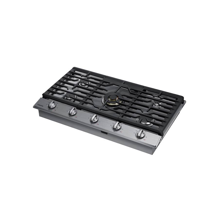 Samsung - Five Burners, 1-22000 Dual Ring Brass, 1-13000 Power Burner, 2-9.5 K, 1-5000 Simmer, Illuminated Knobs, Die-cast Griddle, Wok Ring, Wi-Fi, 36'' - Stainless Steel