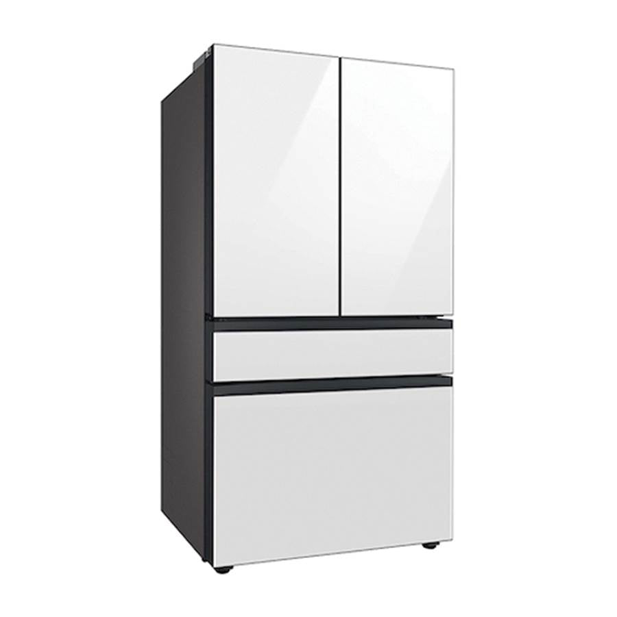 Smart Bespoke French 4-Door Refrigerator with Customizable Panel Colors and Beverage Center in White Glass, 29 cu-ft