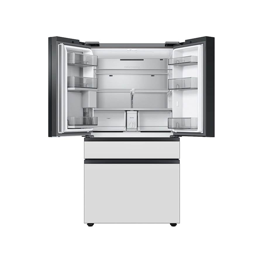 Smart Bespoke French 4-Door Refrigerator with Customizable Panel Colors and Beverage Center in White Glass, 29 cu-ft